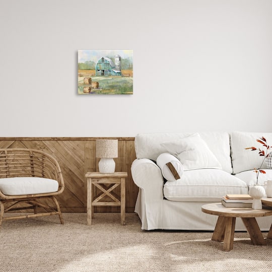 Stupell Industries Contemporary Blue Farm Barn Hay Bails Empty Field Canvas Wall Art